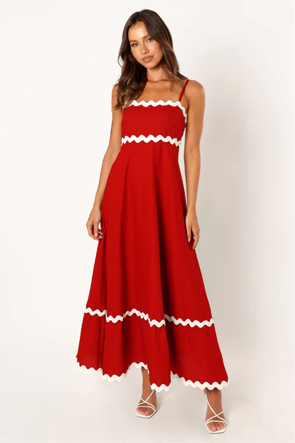 Unique Wave Accents A-Line Spaghetti Strap Dress 2750 red