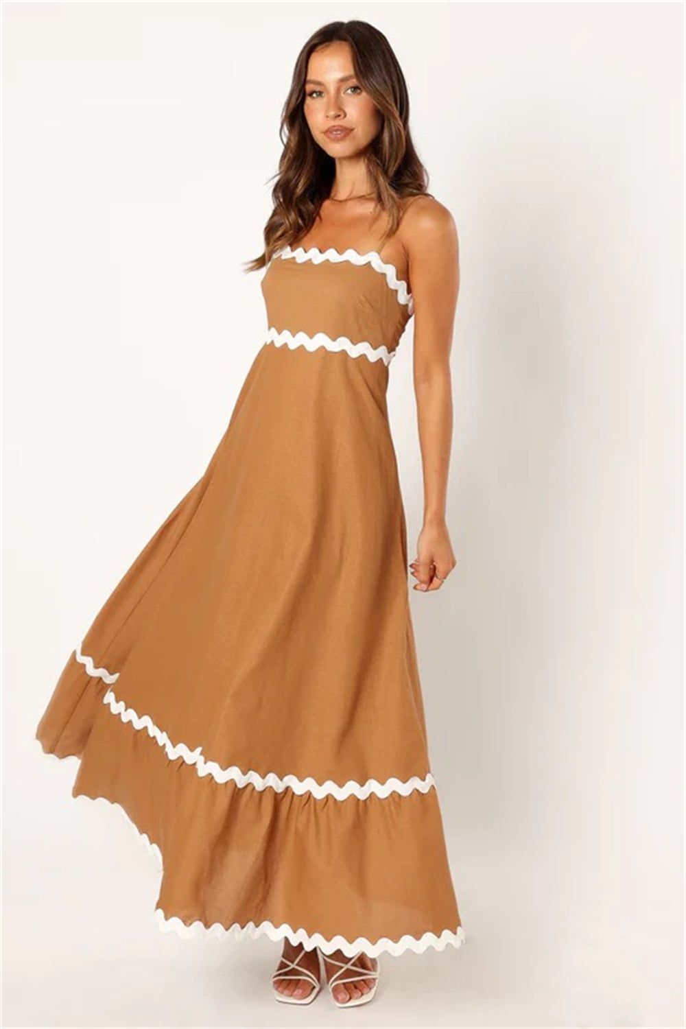 Unique Wave Accents A-Line Spaghetti Strap Dress 2750 brown