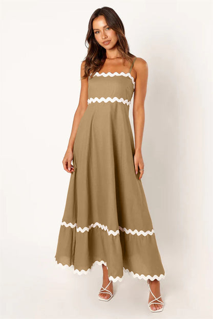 Unique Wave Accents A-Line Spaghetti Strap Dress 2750 Khaki