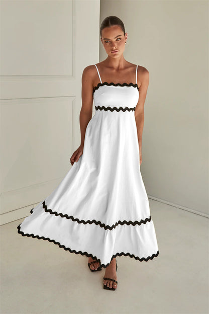 Unique Wave Accents A-Line Spaghetti Strap Dress 2750 white+black