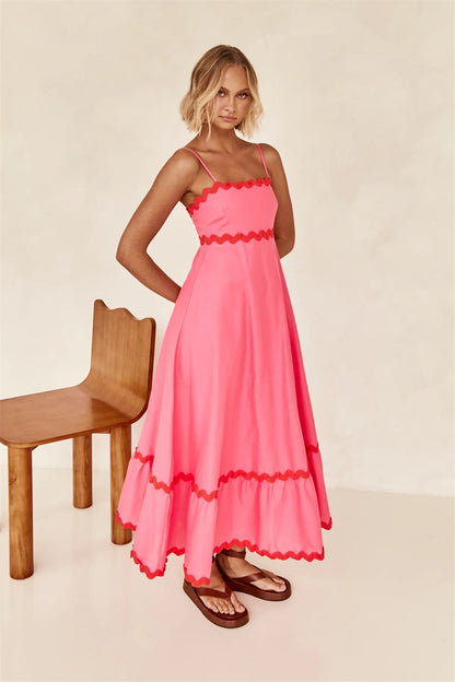 Unique Wave Accents A-Line Spaghetti Strap Dress 2750 Rose red