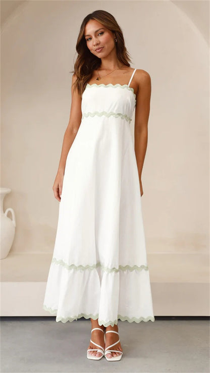 Unique Wave Accents A-Line Spaghetti Strap Dress 2750 white+green