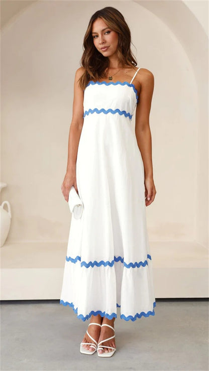 Unique Wave Accents A-Line Spaghetti Strap Dress 2750 white+blue