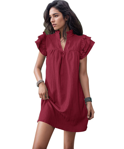 V-Neck Daytime Flutter Dress 2971 Wine red