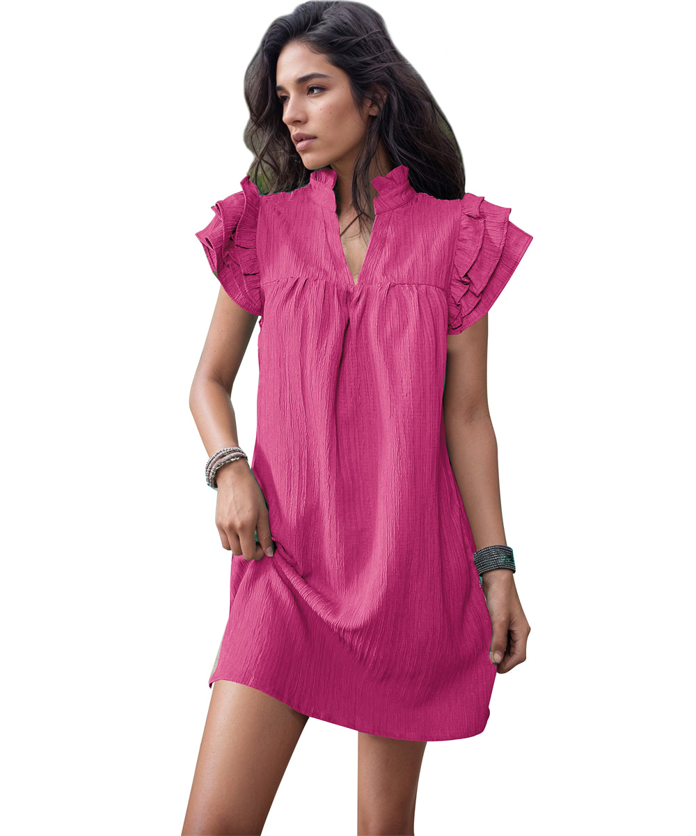 V-Neck Daytime Flutter Dress 2971 Rose red