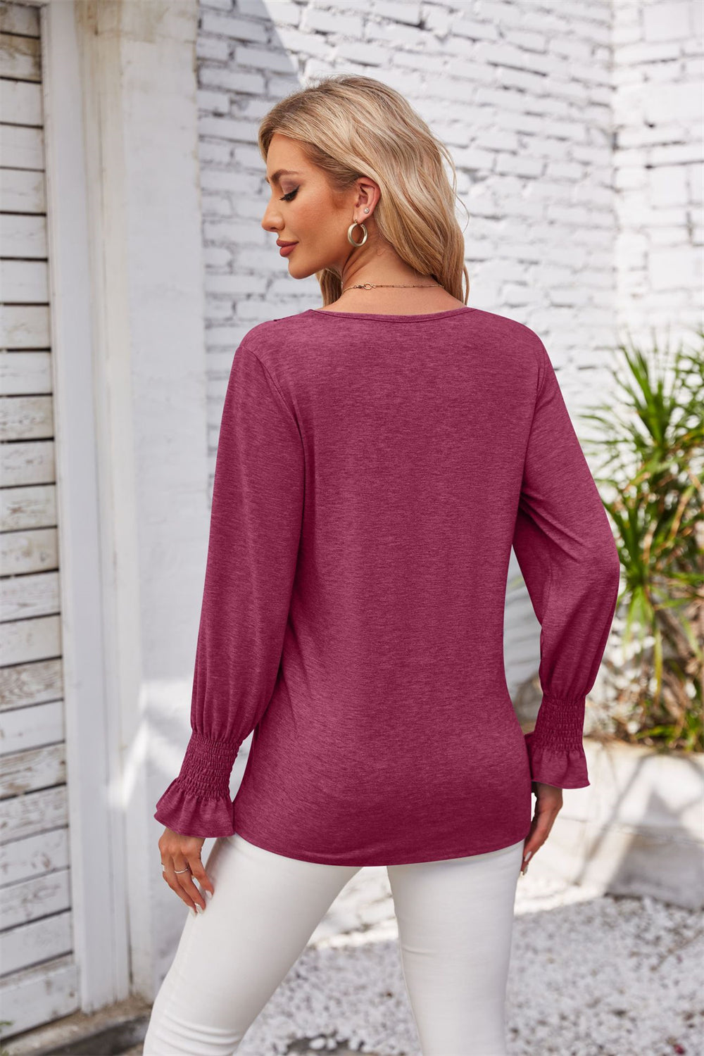 V-Neck Smocked Ruffled Long Sleeve Top 2738