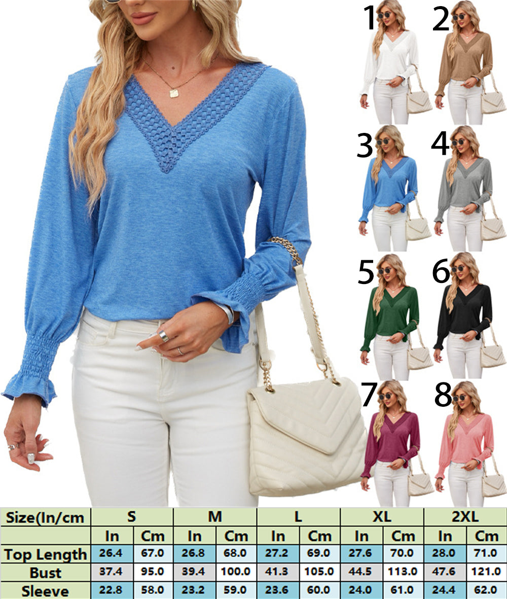 V-Neck Smocked Ruffled Long Sleeve Top 2738