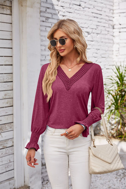 V-Neck Smocked Ruffled Long Sleeve Top 2738 Purplish red