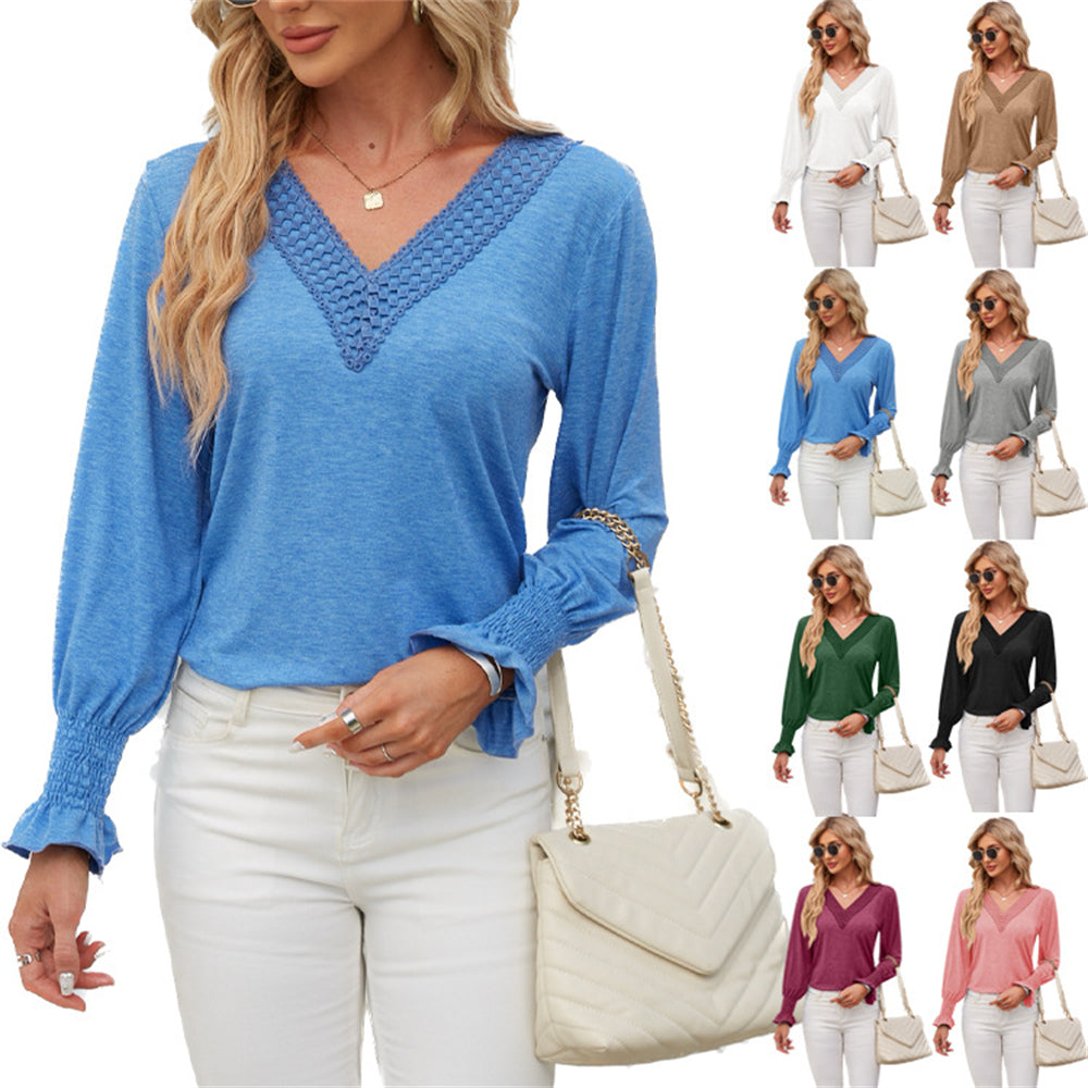 V-Neck Smocked Ruffled Long Sleeve Top 2738 Mix Color