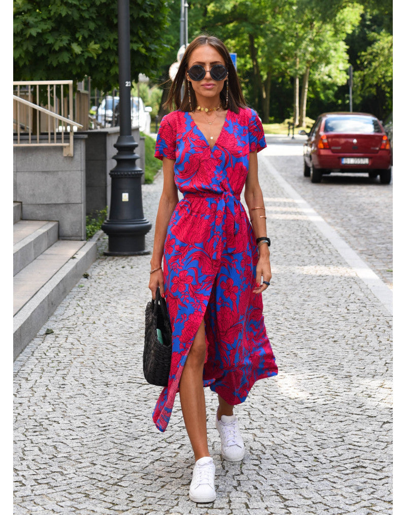 V-Neck summer dresses with sleeves Mid-Length 3046 Red Printing