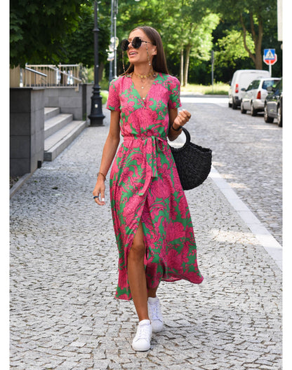 V-Neck summer dresses with sleeves Mid-Length 3046 Green Printing