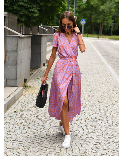 V-Neck summer dresses with sleeves Mid-Length 3046 Pink Printing