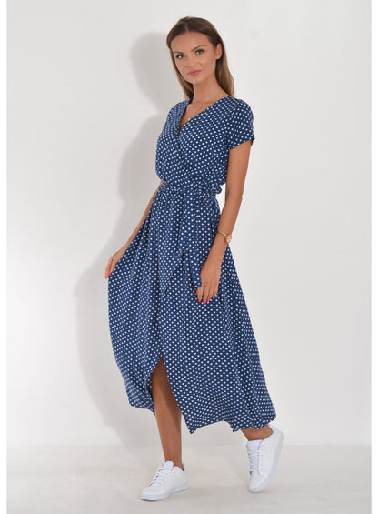 V-Neck summer dresses with sleeves Mid-Length 3046 Blue Dots