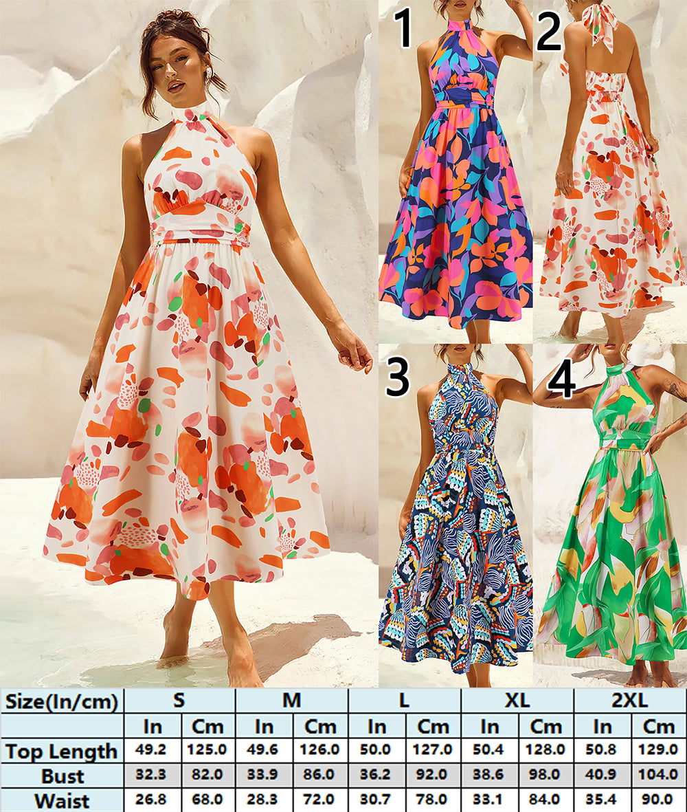 Vacation Vibes Mid-Length Dress - Halter Neckline for Summer Days 3008