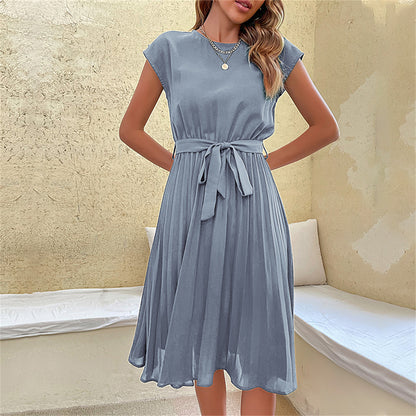 Waist-tie day-to-night accent pleated midi dress 3089