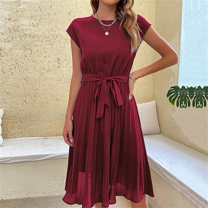 Waist-tie day-to-night accent pleated midi dress 3089