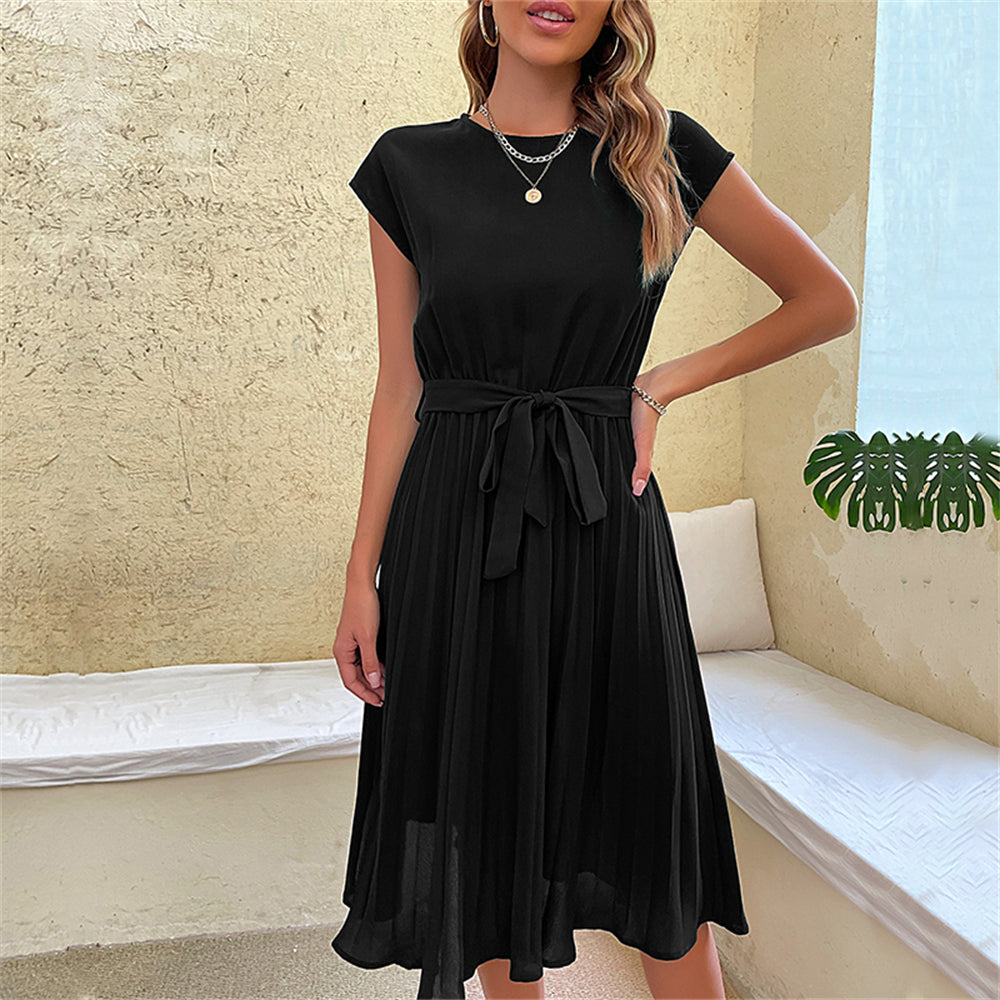 Waist-tie day-to-night accent pleated midi dress 3089