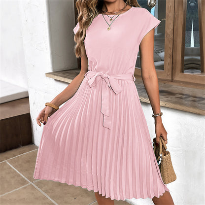 Waist-tie day-to-night accent pleated midi dress 3089