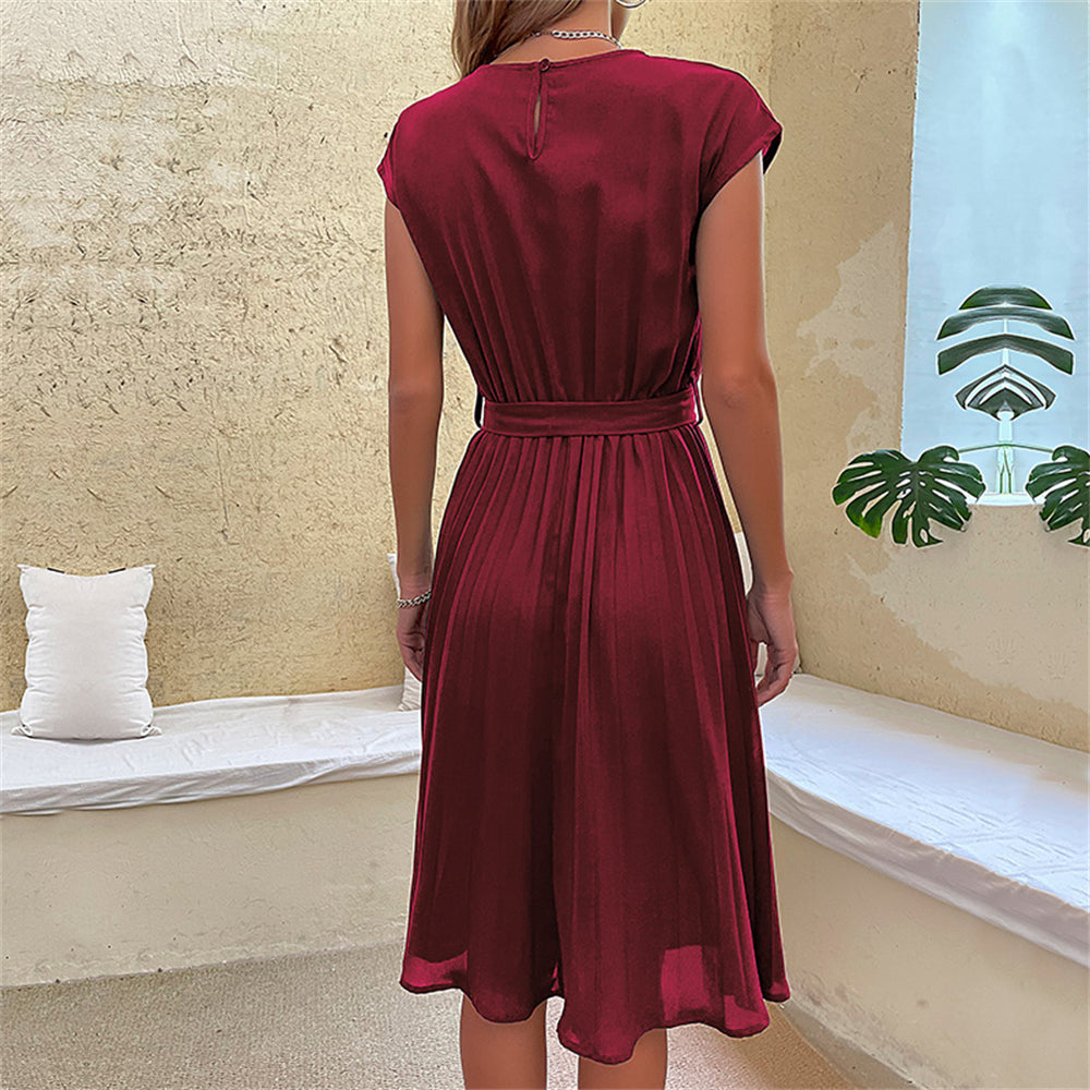 Waist-tie day-to-night accent pleated midi dress 3089