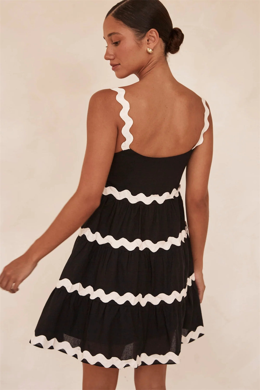 Wave Detail Contrast Trim A-Line Sleeveless Dress 2786