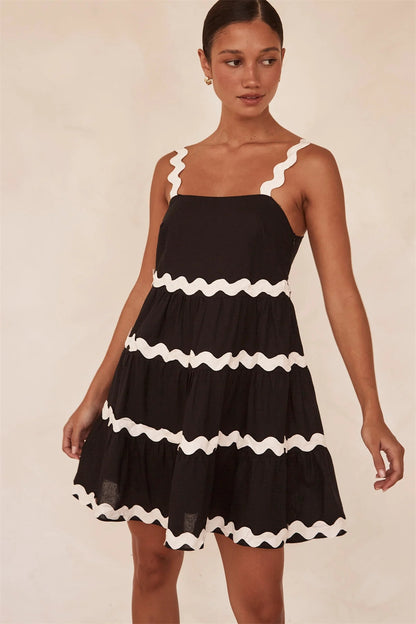 Wave Detail Contrast Trim A-Line Sleeveless Dress 2786 Black