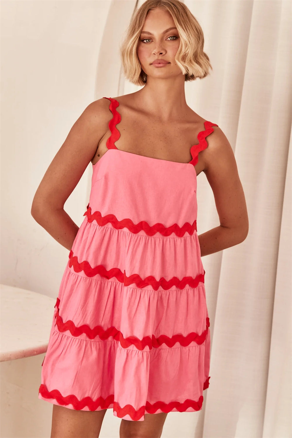 Wave Detail Contrast Trim A-Line Sleeveless Dress 2786 Rose red