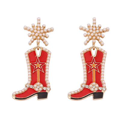 Western Flair Pearl Star Earrings with Boot Detail 2835