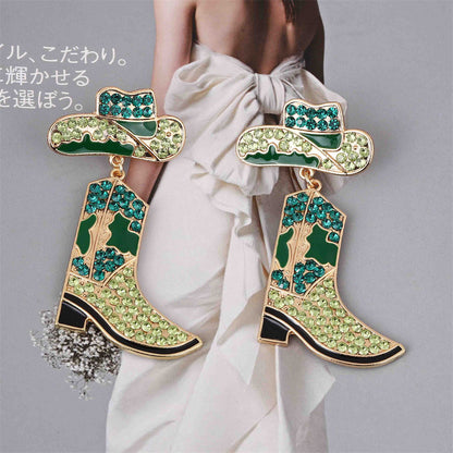 Western-Inspired Boot Gemstone Drop Earrings 2939 Green