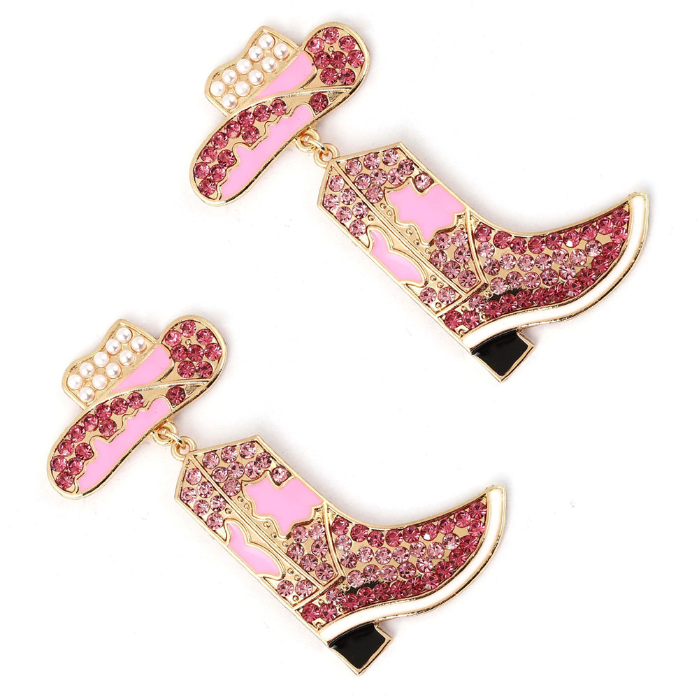 Western-Inspired Boot Gemstone Drop Earrings 2939 Pink