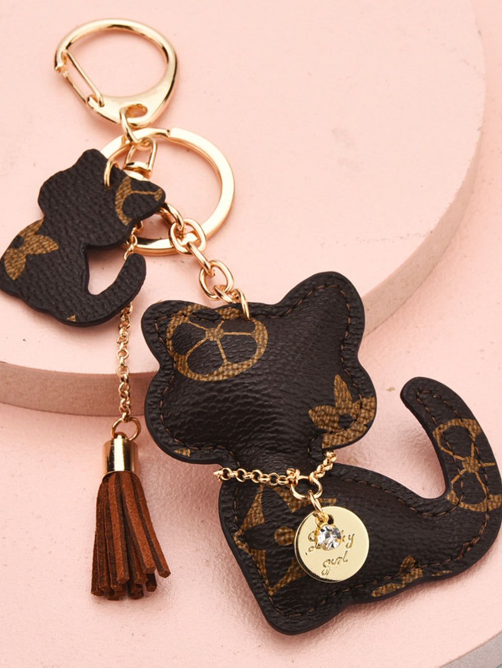 Cat Pattern Tassel Detail Keychain Dark brown