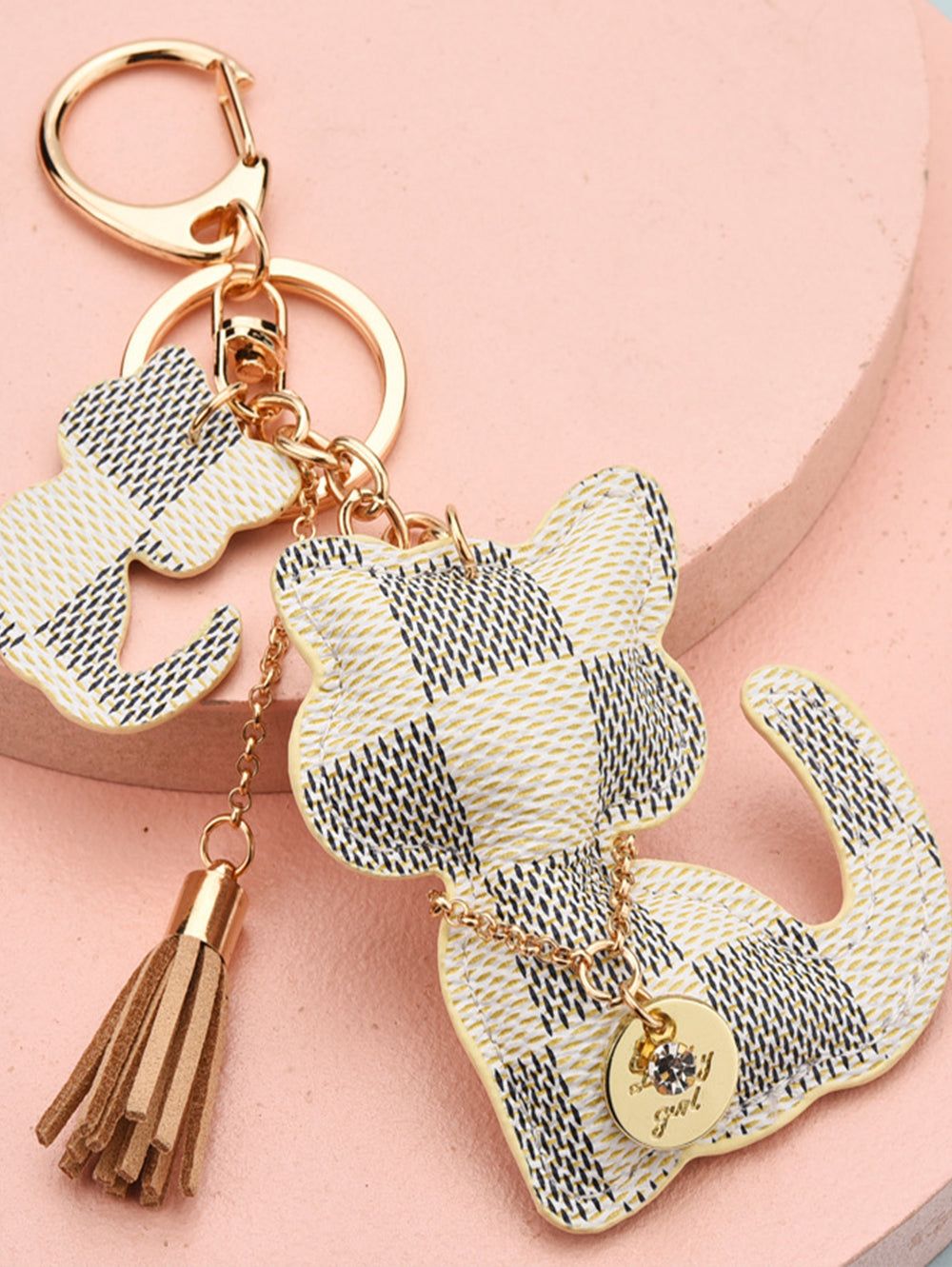 Cat Pattern Tassel Detail Keychain White