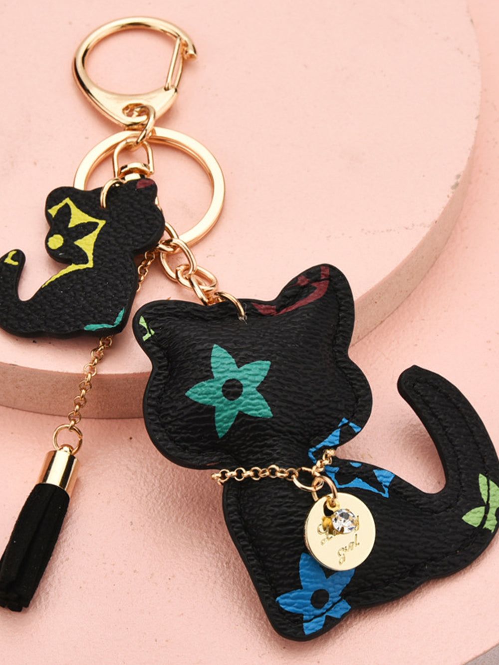 Cat Pattern Tassel Detail Keychain Printing Black