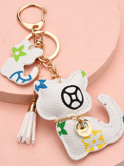 Cat Pattern Tassel Detail Keychain Printing White