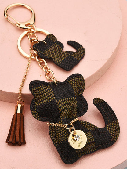 Cat Pattern Tassel Detail Keychain Brown